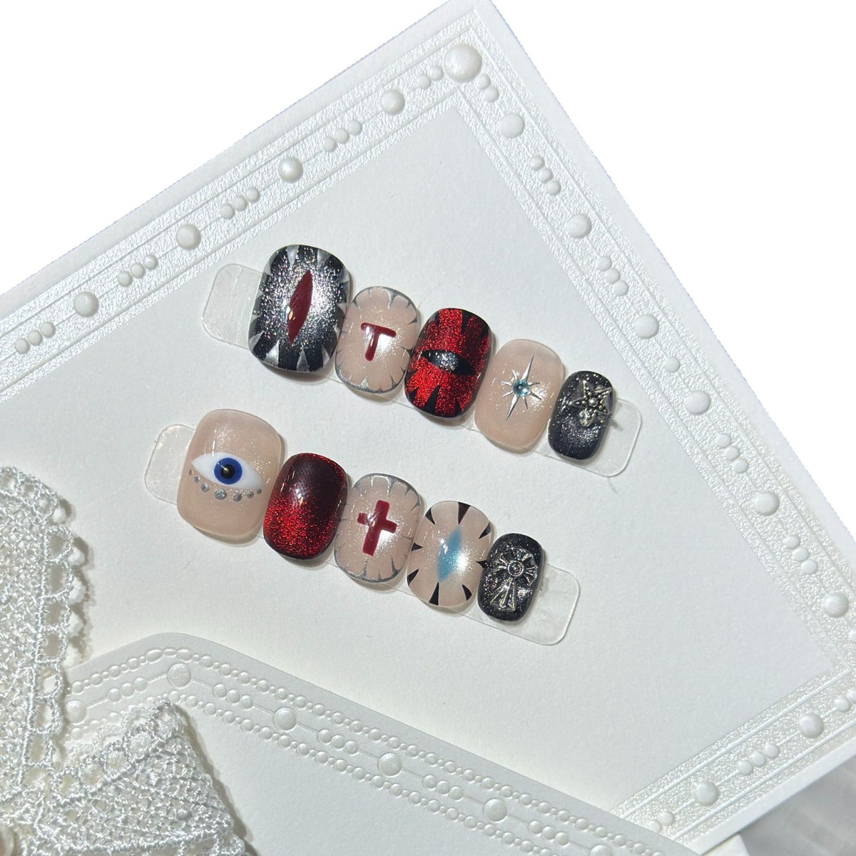 Artistic Press-On Nail Design Set with Unique Symbolic Accents Acalora