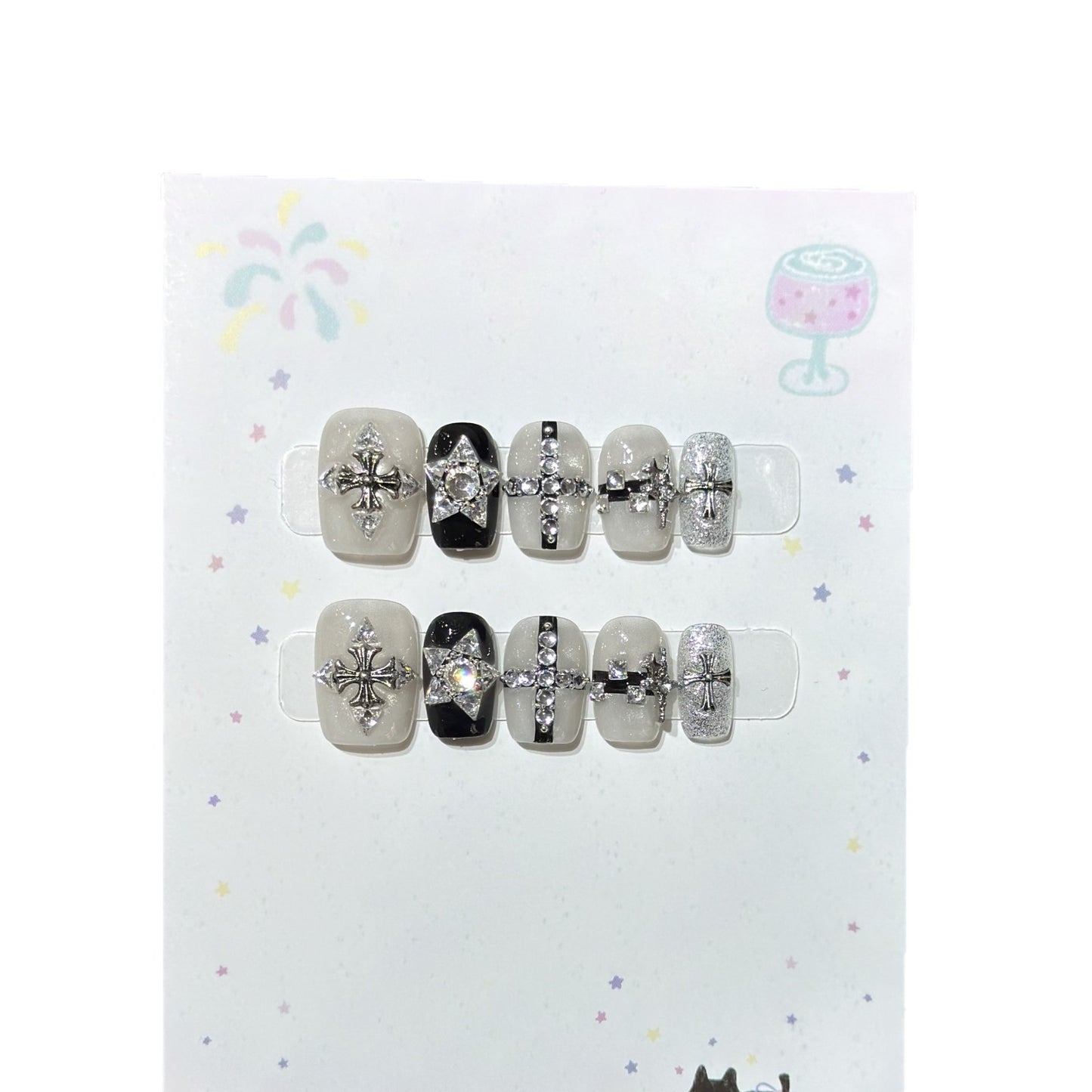 Artistic Press-On Nail Art Set with Gemstone Accents Acalora