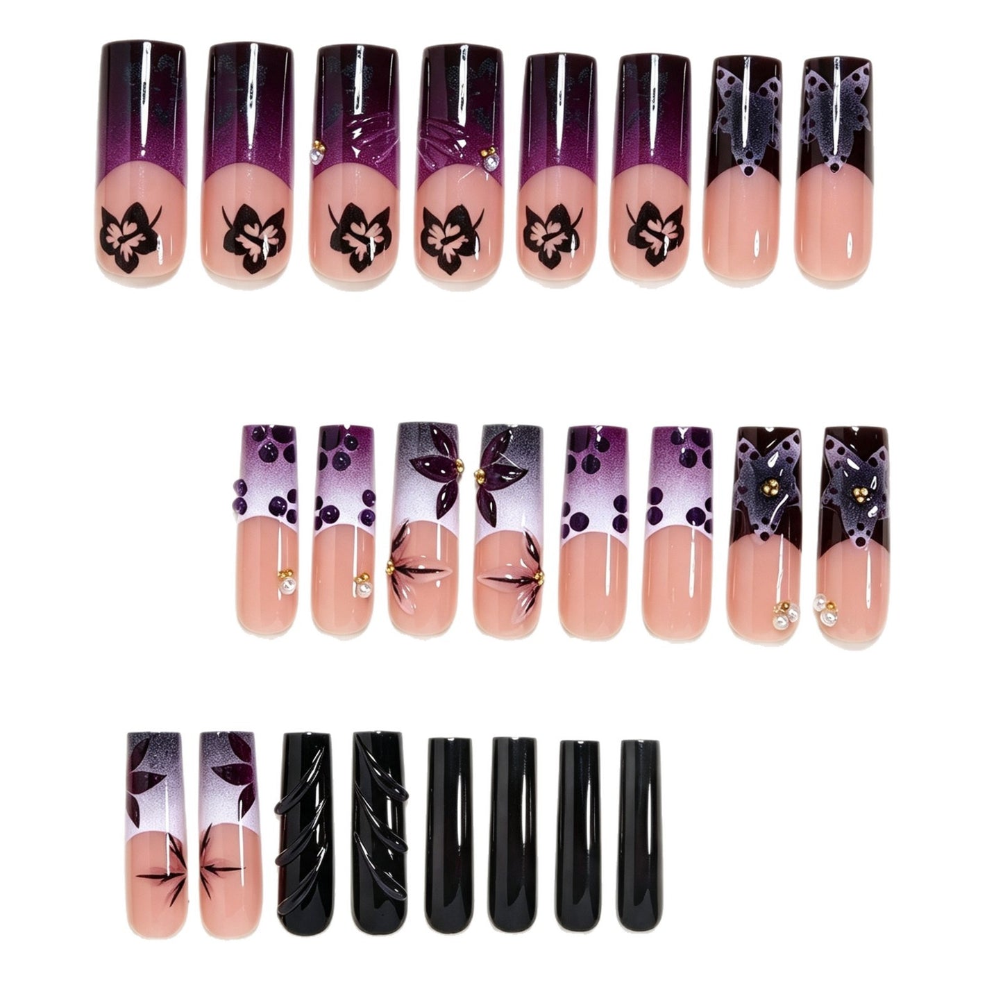 Artistic Long Nail Design with Floral Accents Acalora