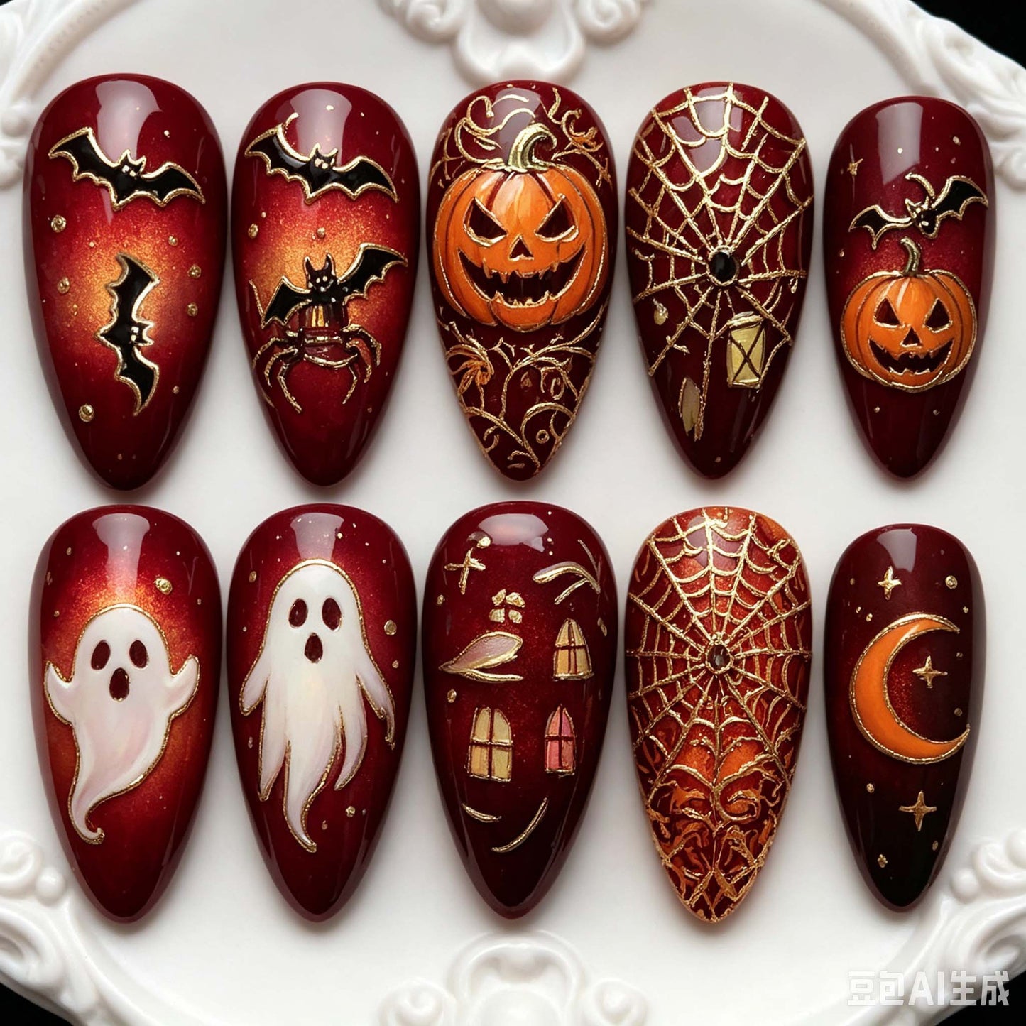Halloween-Themed Ghost and Cat Press-On Nail Art Set Acalora