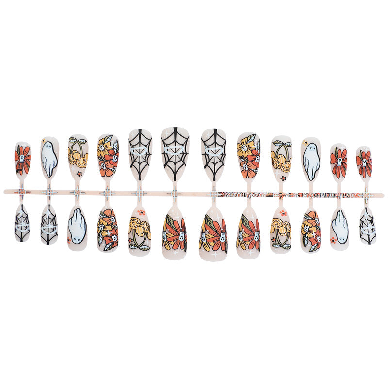 Artistic Press-On Nail Set with Seasonal Floral and Ghost Designs Acalora