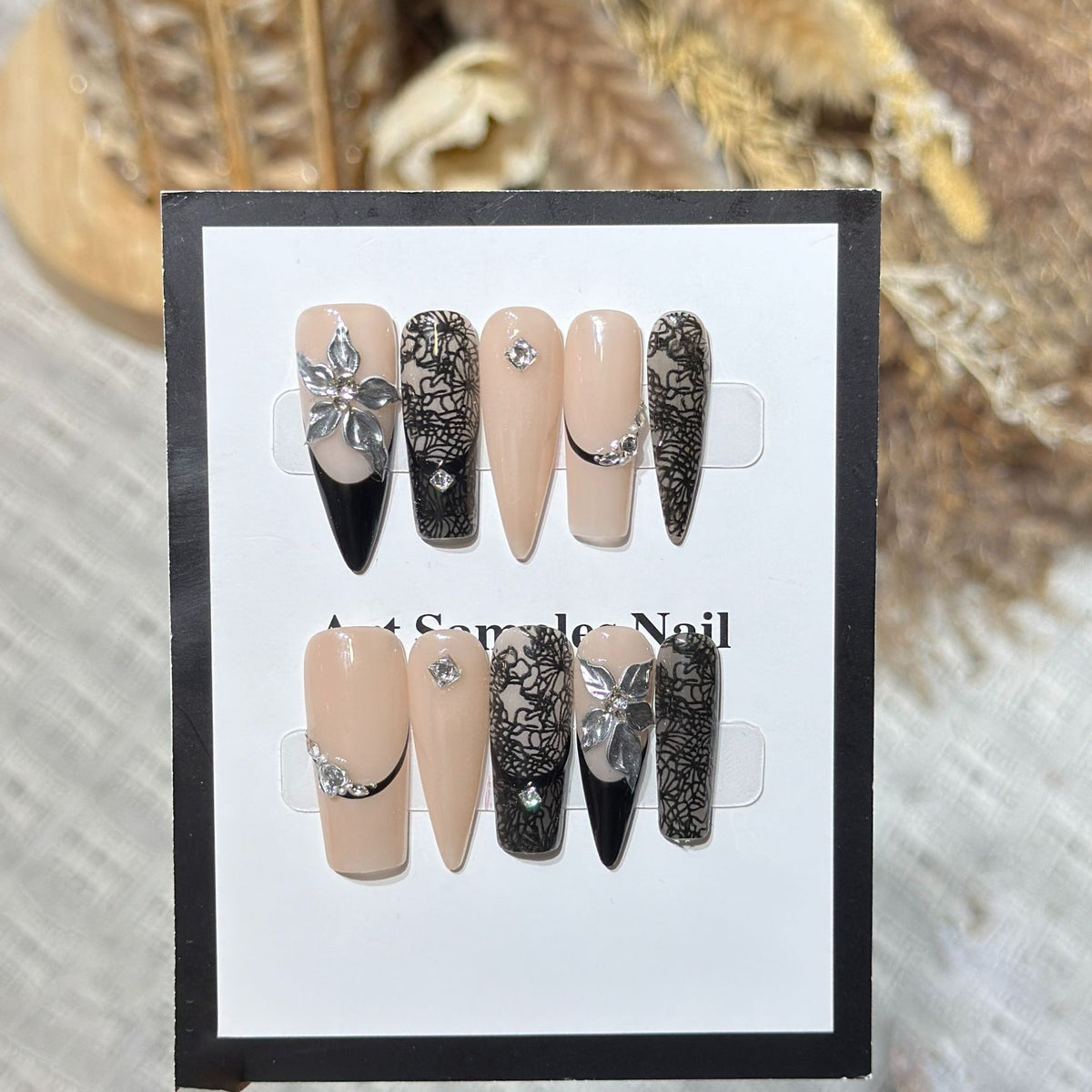 Artistic Stiletto Press-On Nail Set with Floral Accent Acalora