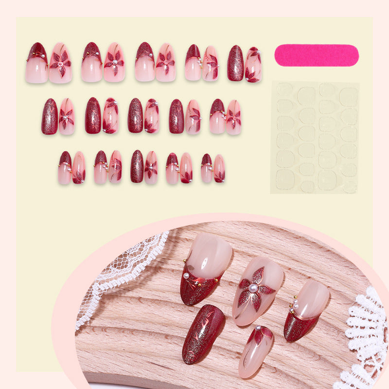 Elegant Press-On Nail Set with Floral and Gem Accents Acalora