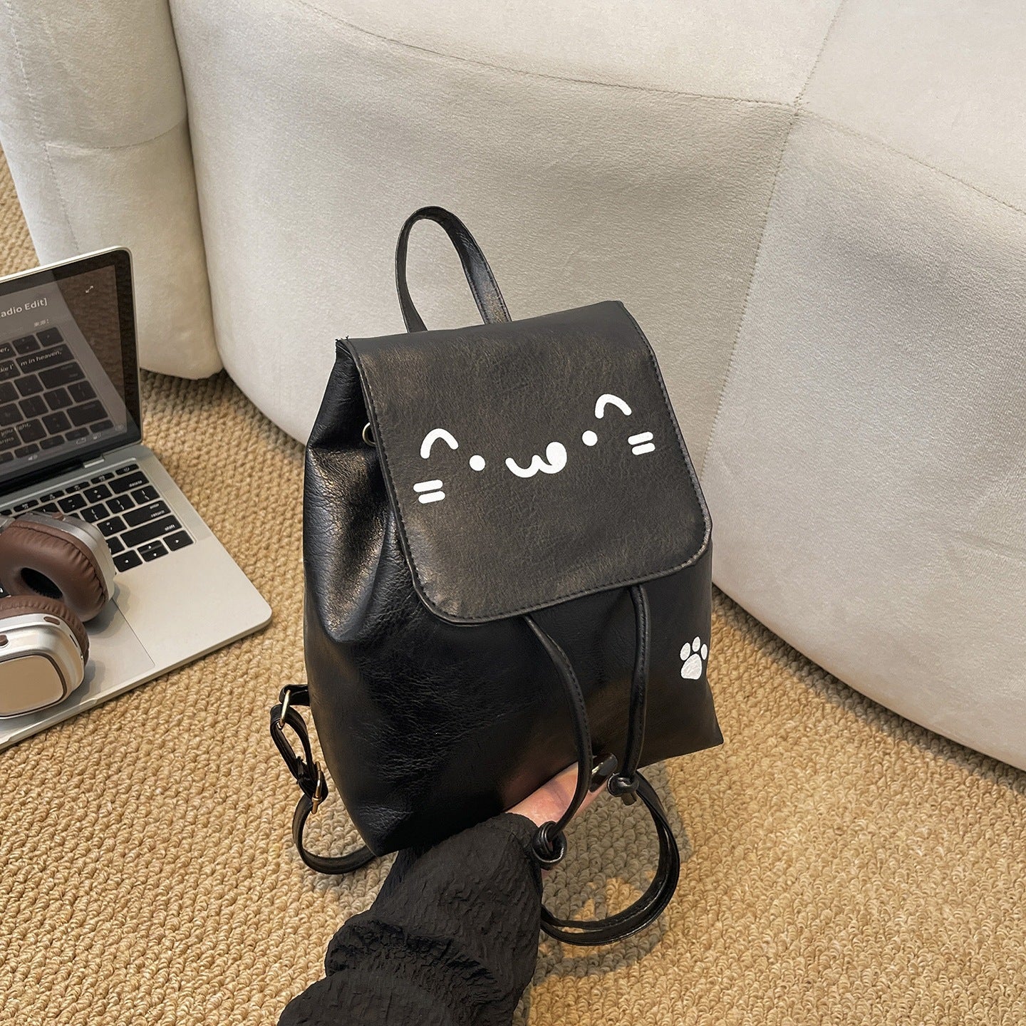 Cute Cat-Themed Faux Leather Backpack Acalora