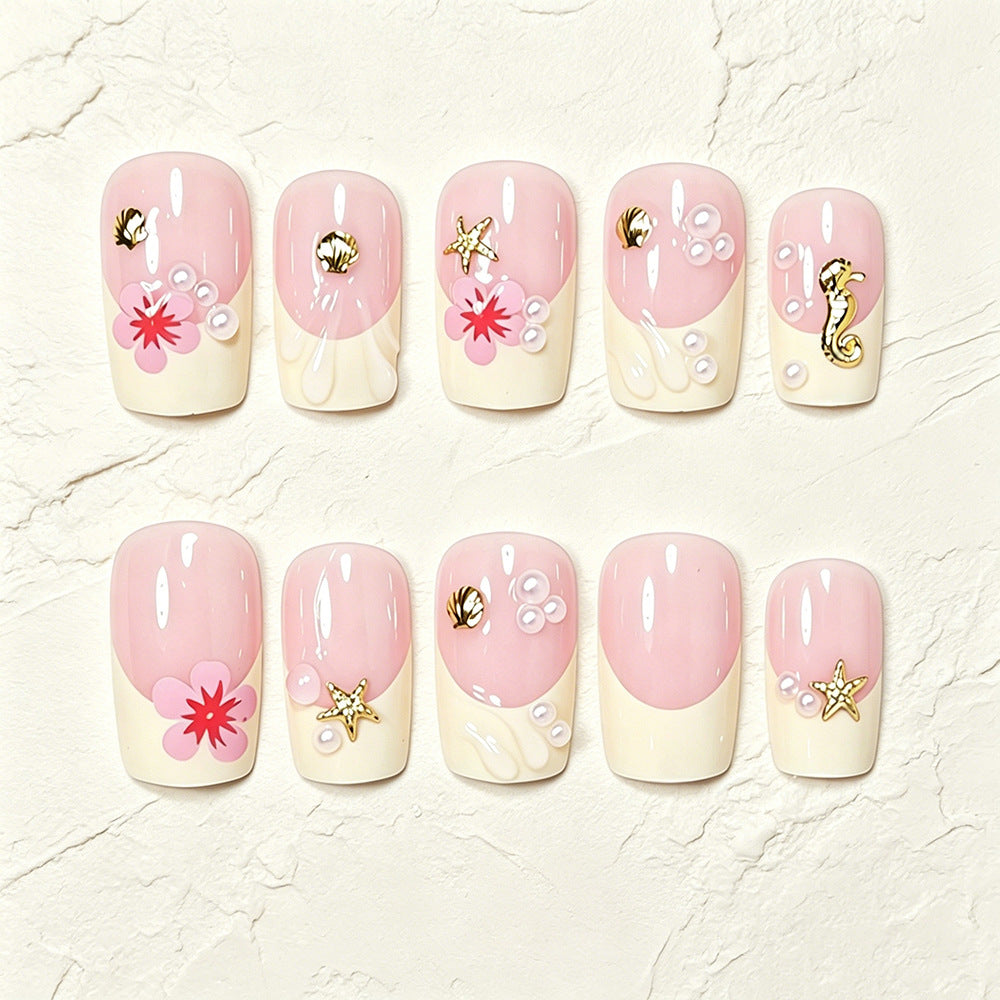 Tropical Shell and Flower Press-On Nail Art Acalora