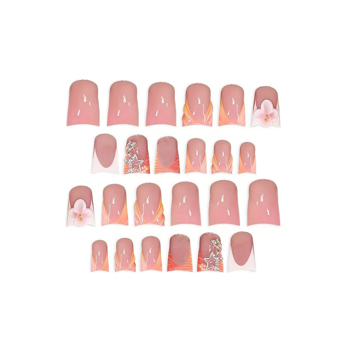 Artistic Press-On Nail Art Set with Floral and Gemstone Accents Acalora