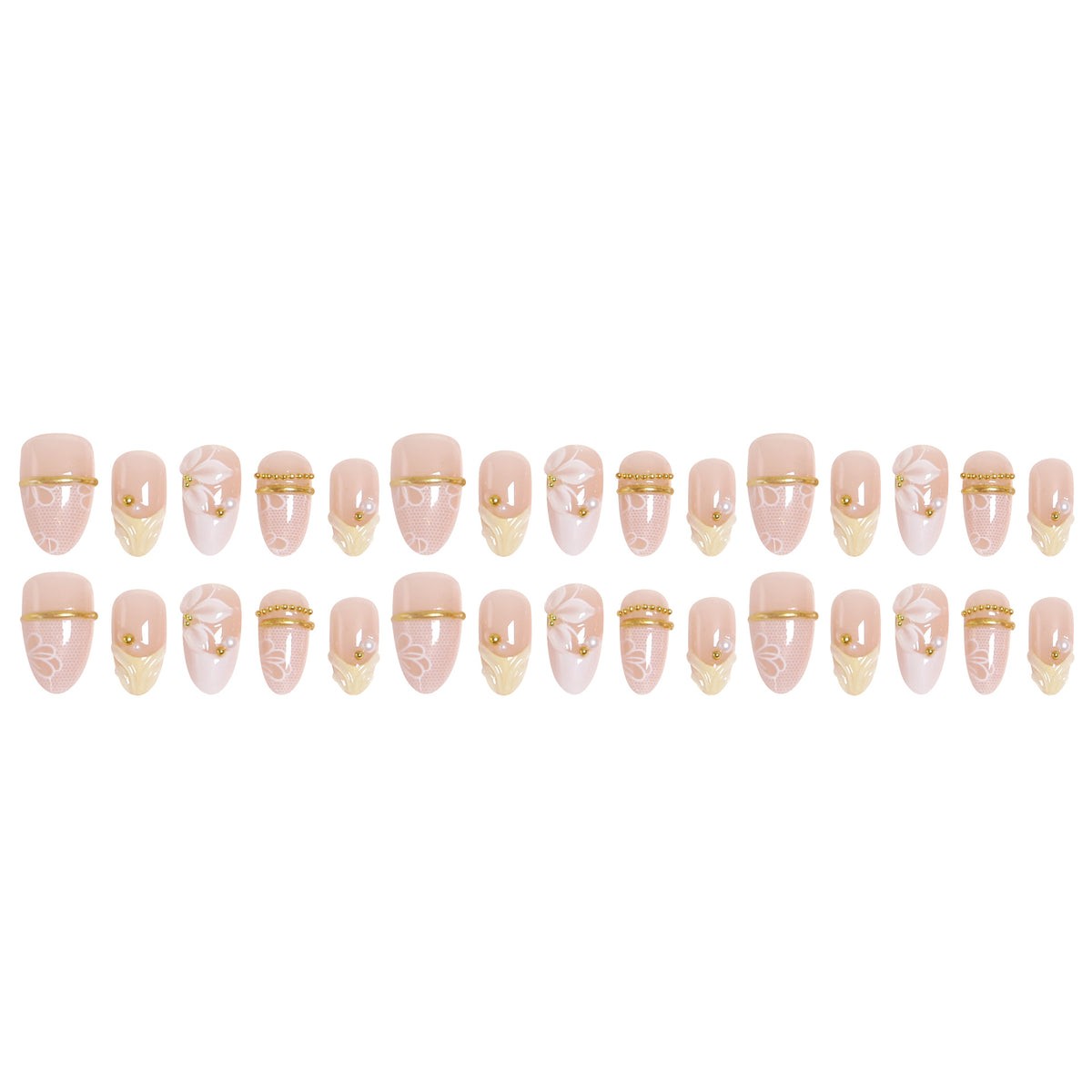 Artificial nail set with enchanting floral details and luxurious gold accents Acalora