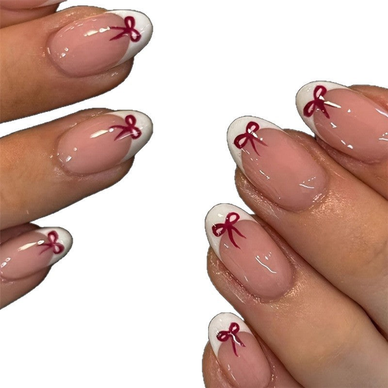 Stylish French Tip Press-On Nails with Bow Design Acalora