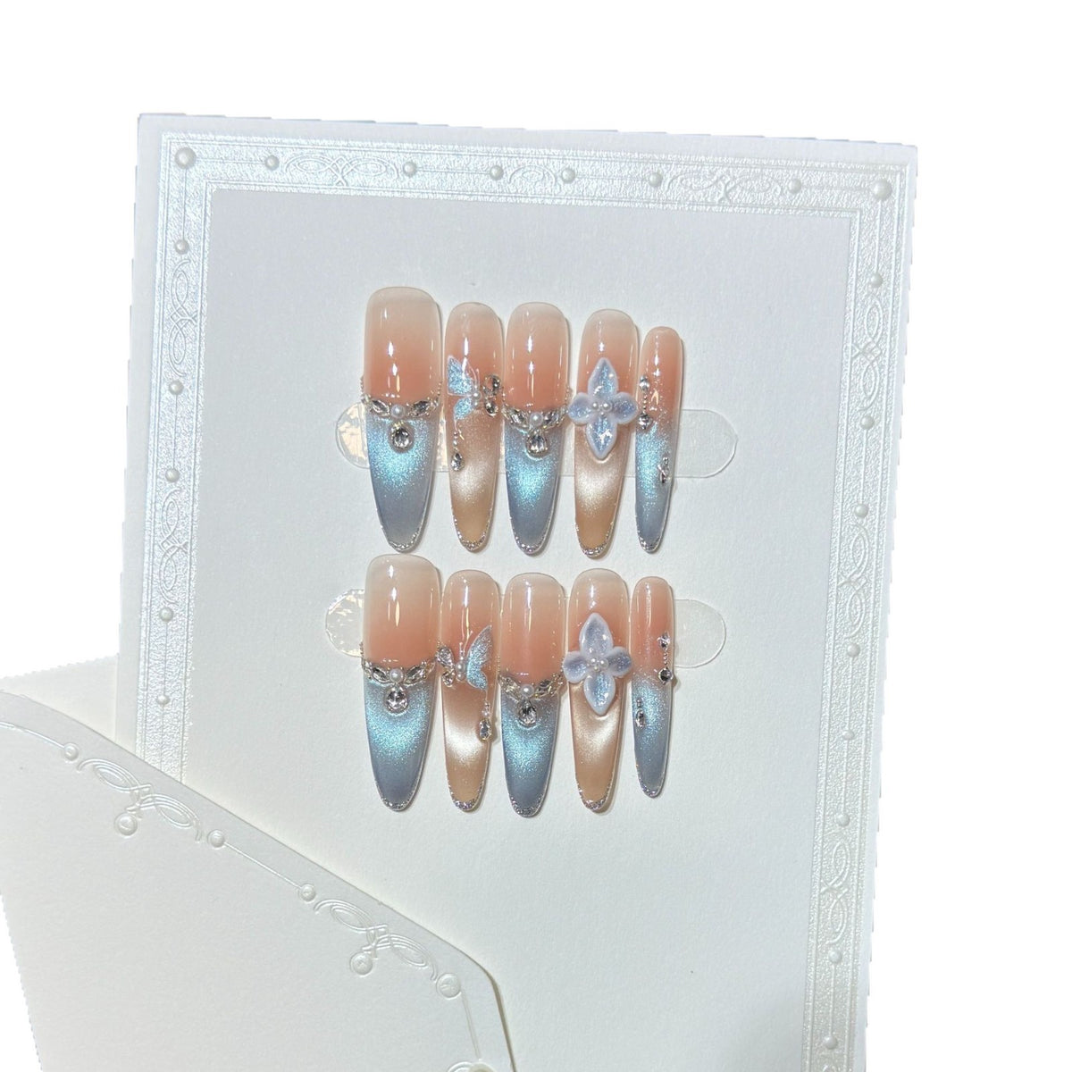 Artistic Press-On Nail Set with Floral and Gemstone Accents Acalora