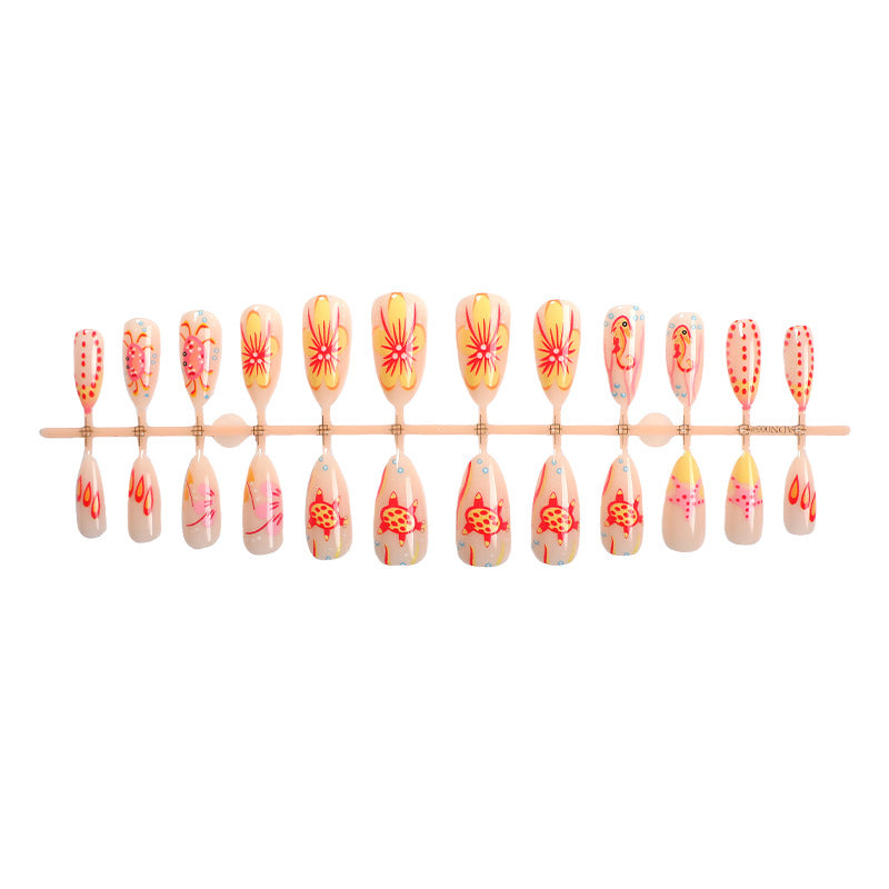 Artistic Press-On Nail Set with Floral and Colorful Designs Acalora