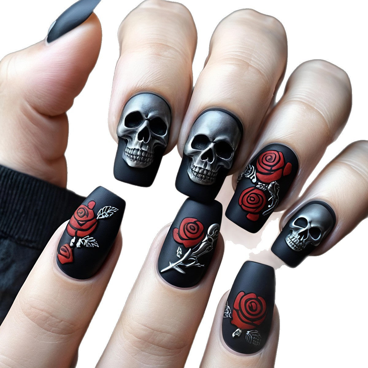 Gothic Skull and Rose Nail Art Acalora