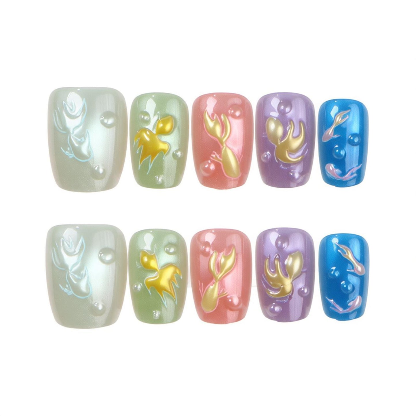 Artistic Press-On Nail Set with Floral Patterns Acalora