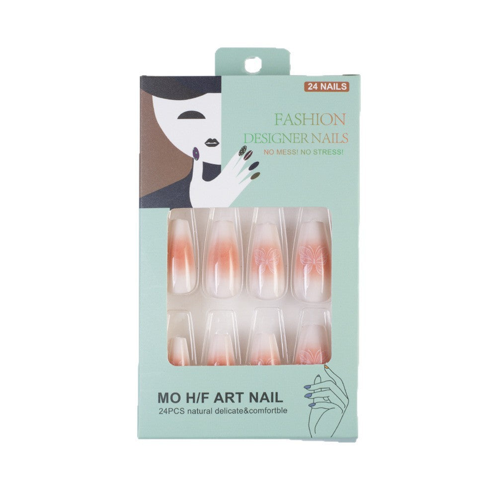Trendy Artificial Nails with Ombre Effect and Butterfly Designs Acalora