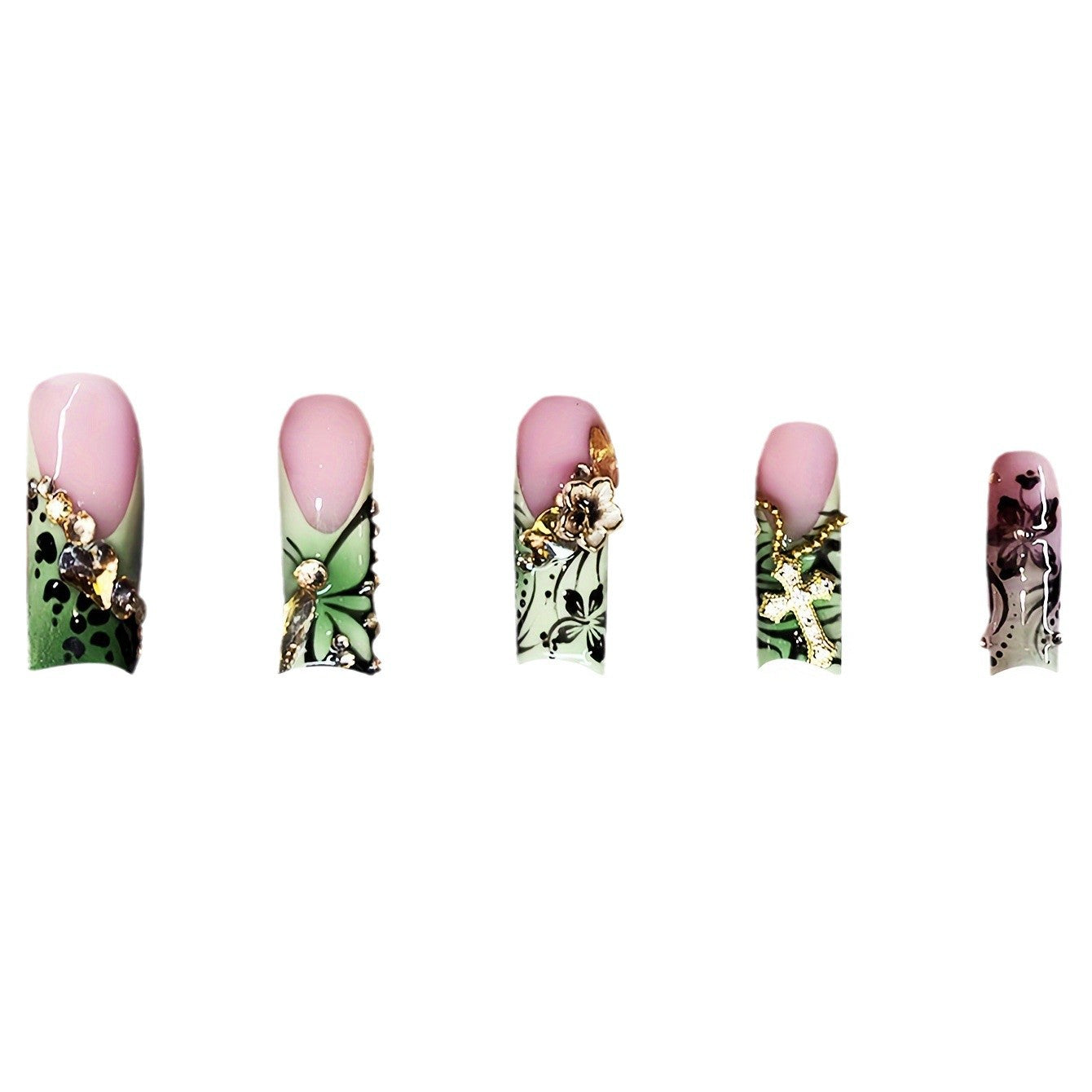 Decorative Floral Press-On Nails with Gem Accents Acalora