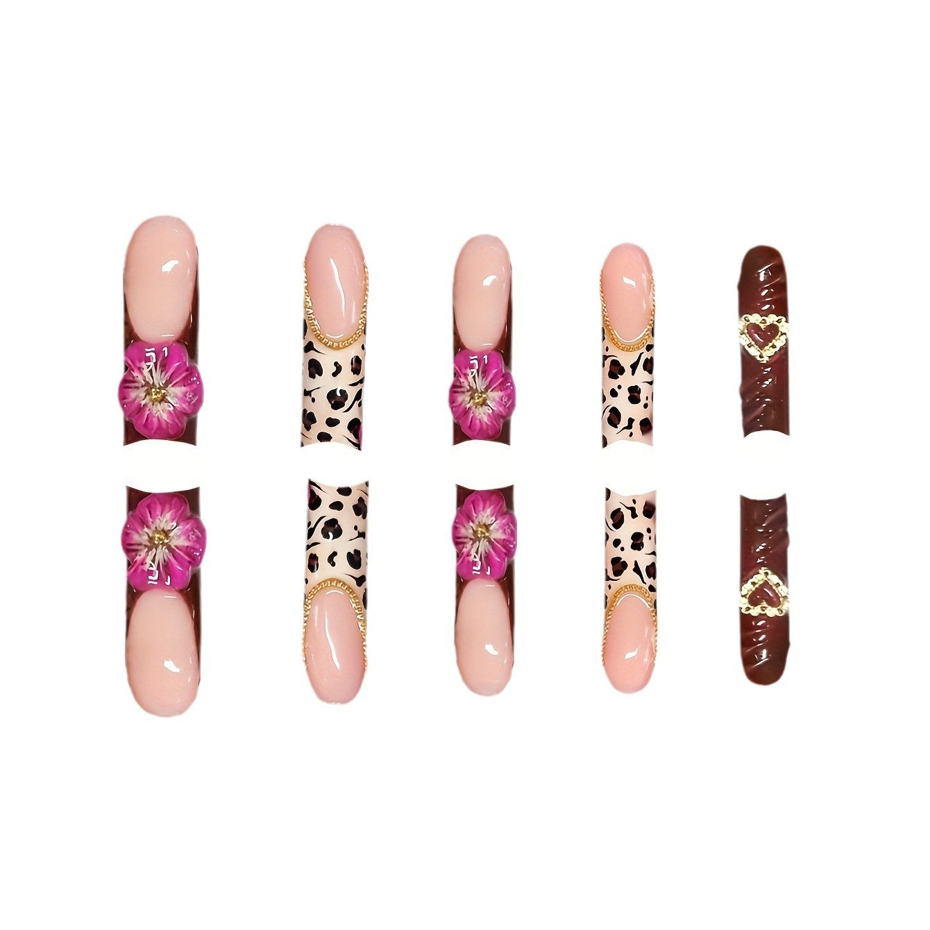 Decorative Long Acrylic Press-On Nail Art with Floral and Leopard Designs Acalora