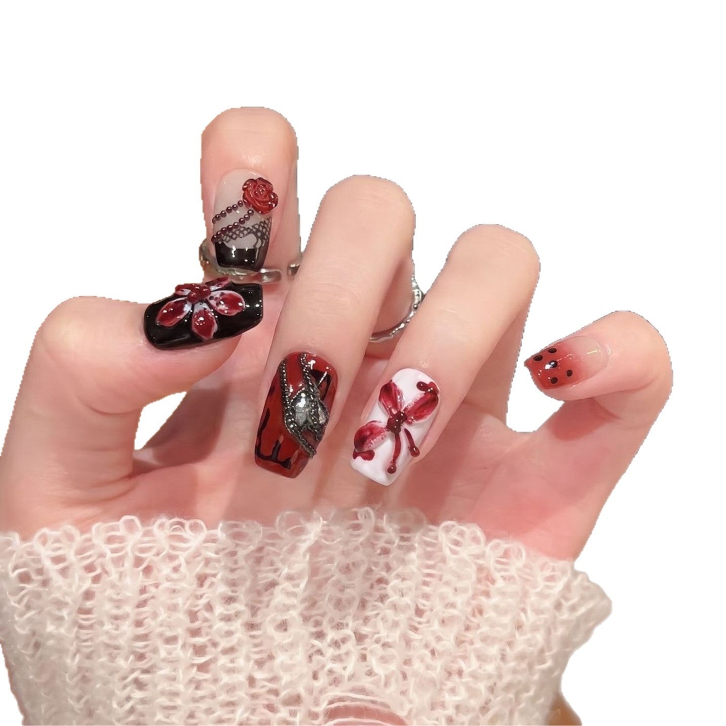 Artistic Nail Decoration Press-On Set with Unique Floral and Gemstone Designs Acalora