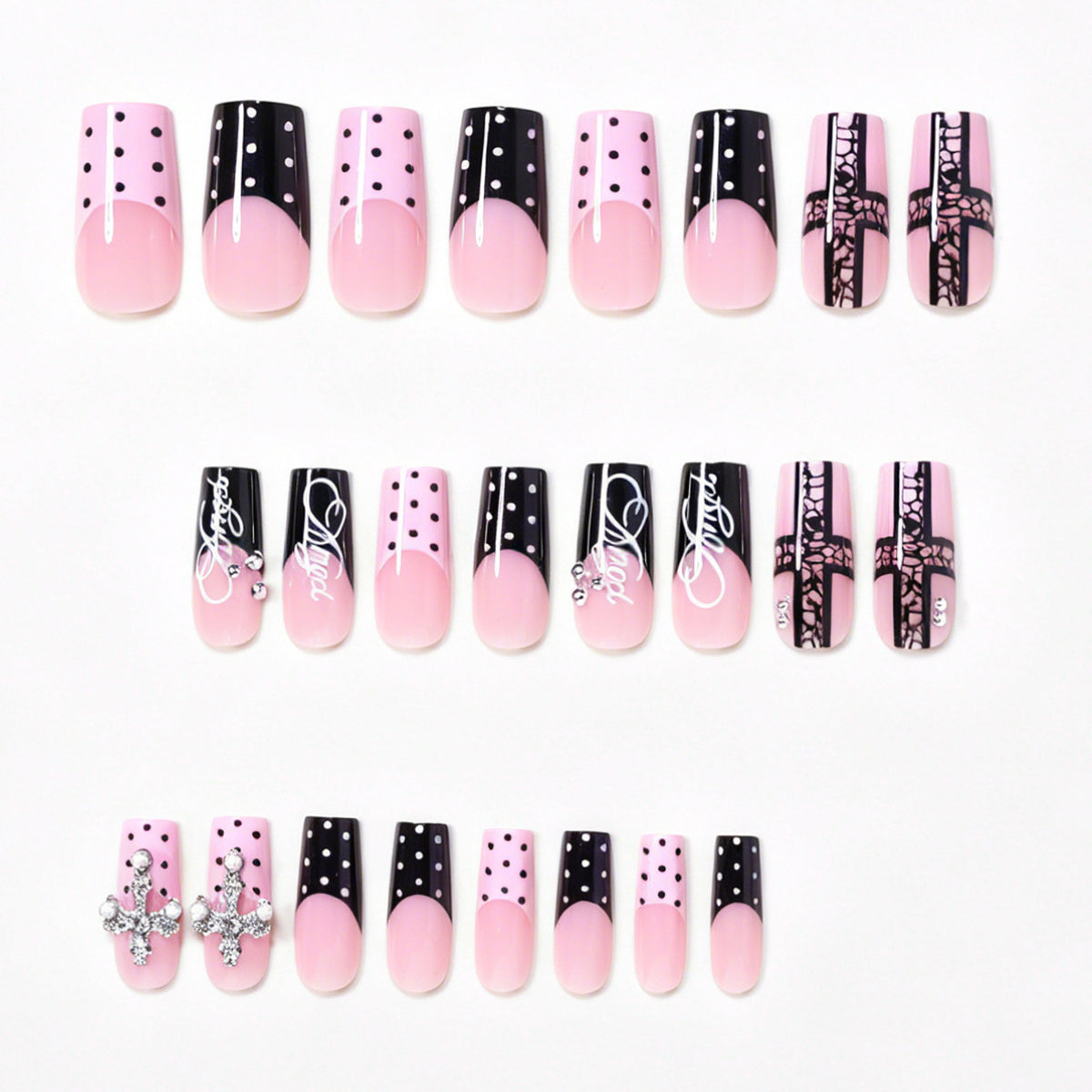 Artistic Long Press-On Nail Design Set with Cross Accents Acalora
