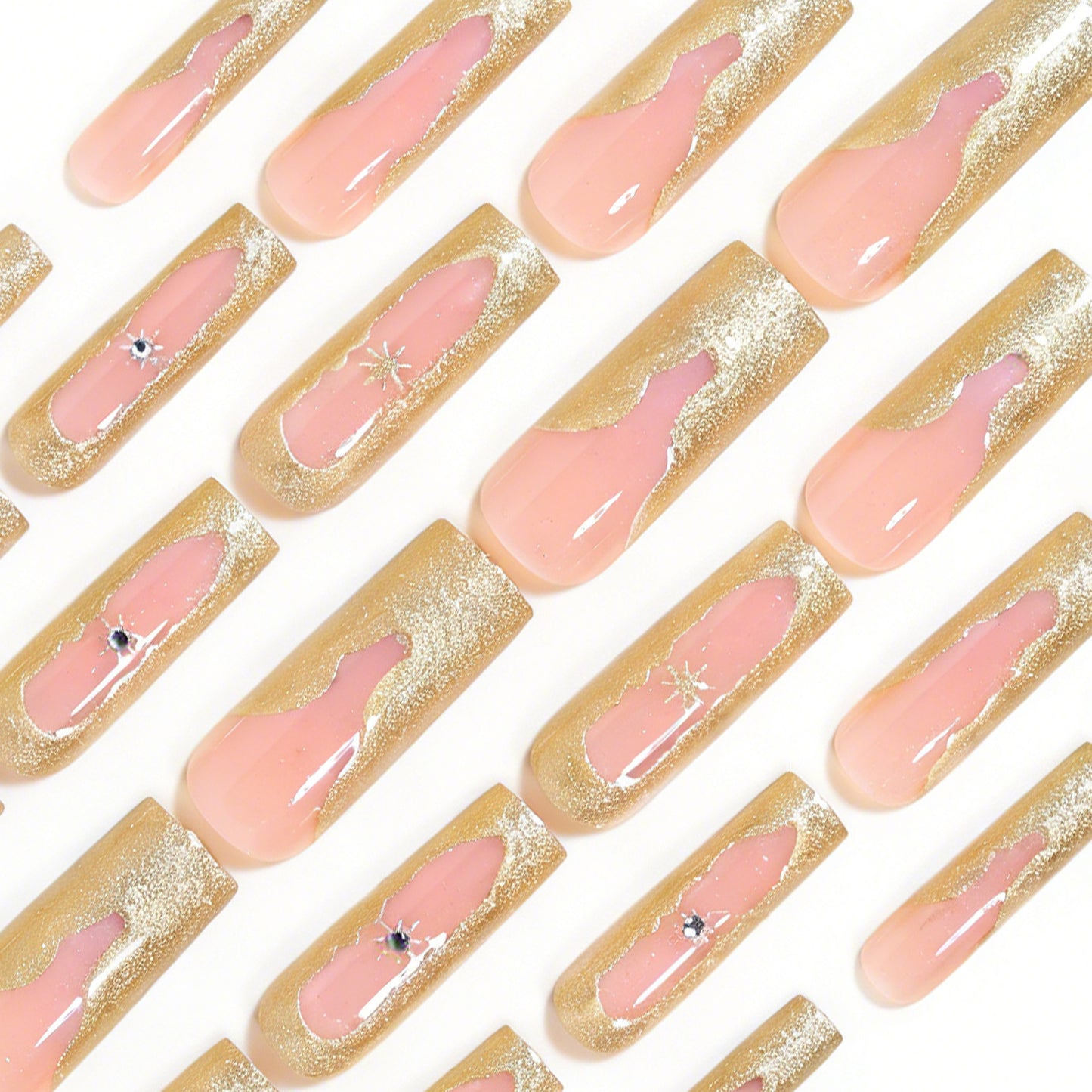 Artistic Long Nail Tips Set with Gold Accents Acalora