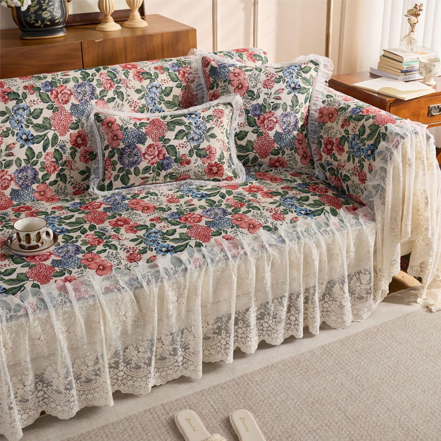 Floral Lace Embellished Sofa Cover