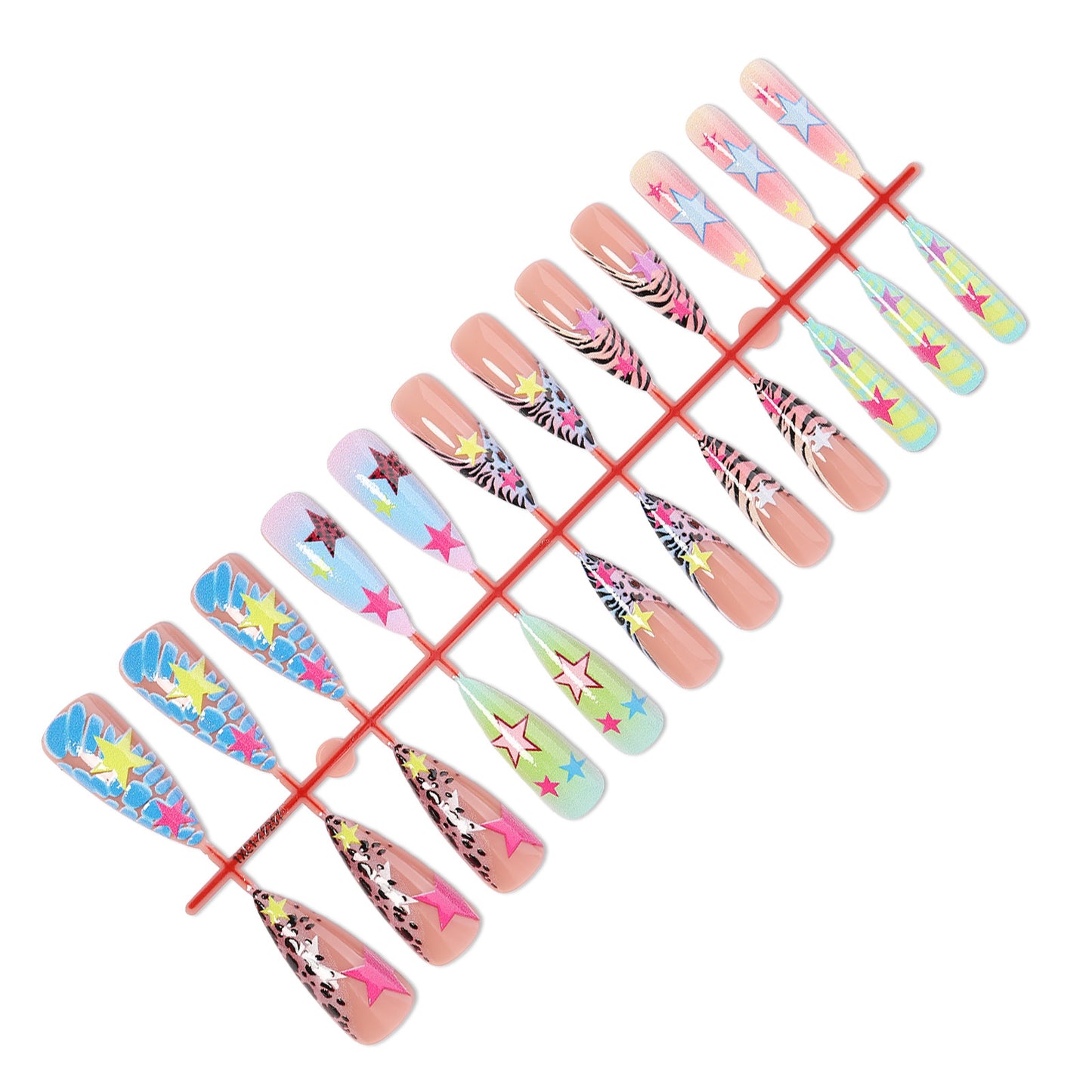 Artistic Press-On Nail Set with Colorful Star Patterns Acalora
