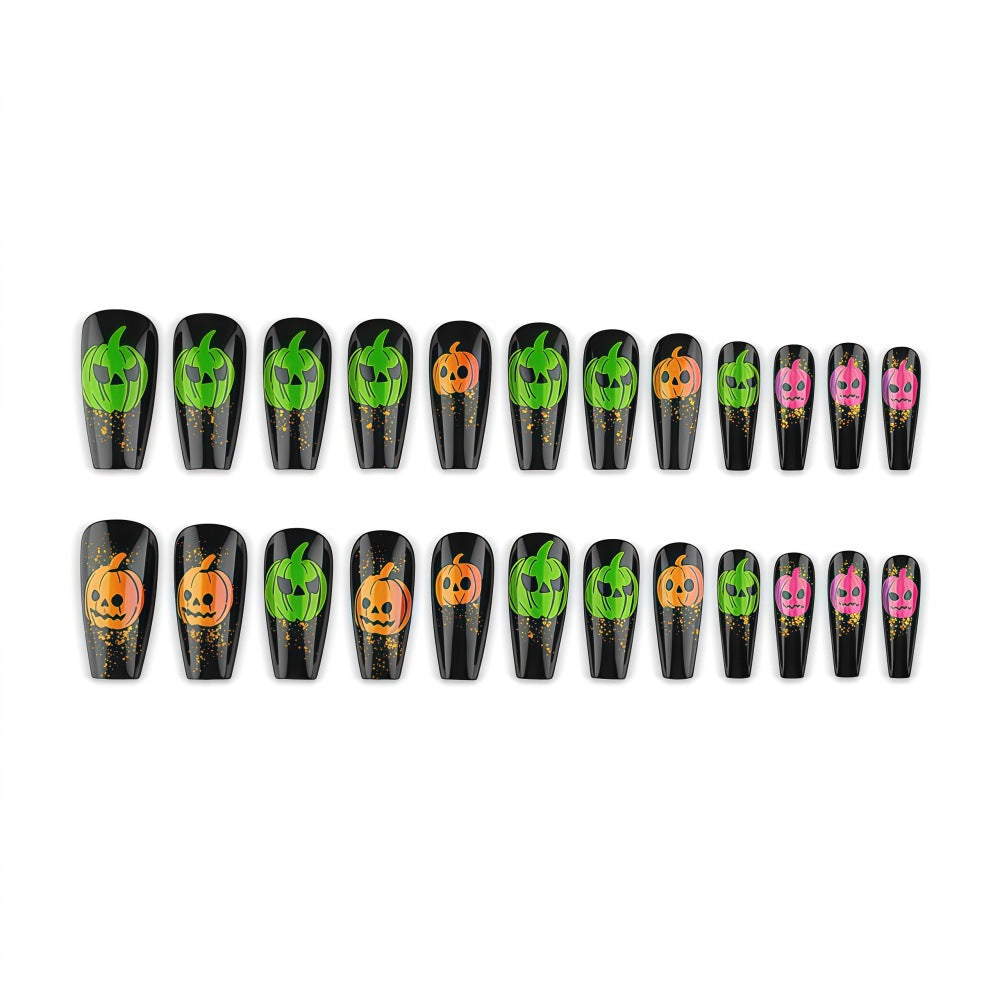 Halloween-style artificial nails with graphic pumpkin designs Acalora
