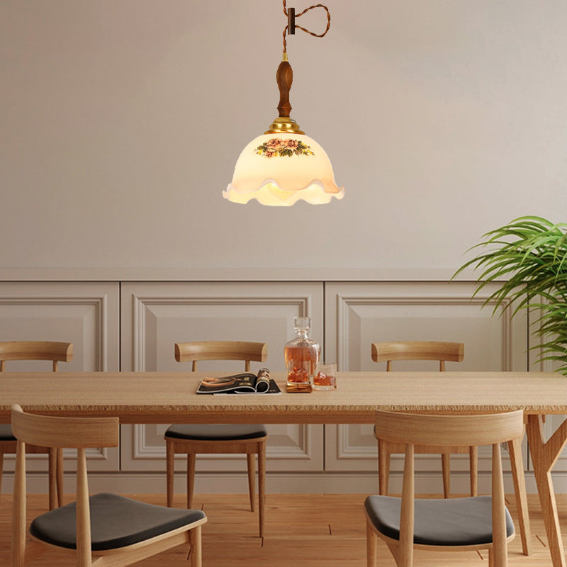 Skanto | Traditional Vintage Brass Cord Walnut Wood Glass Flower Curved 1-Light Pendant Lamp for Dining Room