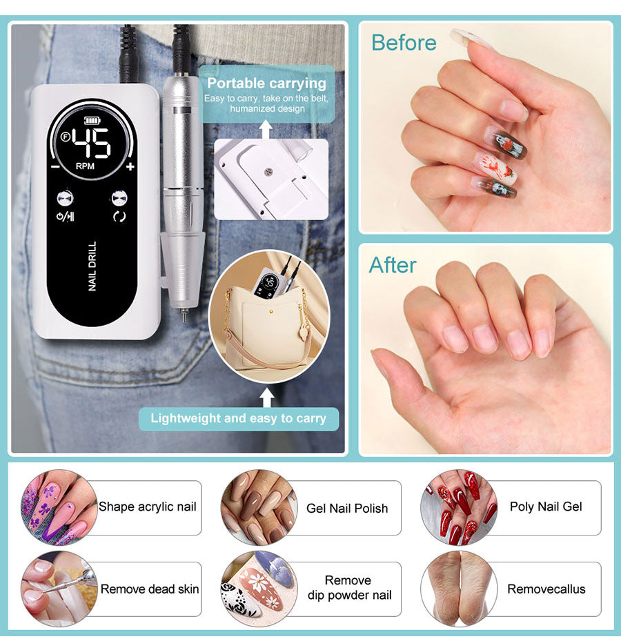 Skanto | Professional 45000RPM Portable Electric Nail File with Rechargeable Battery | Low Noise for Manicures