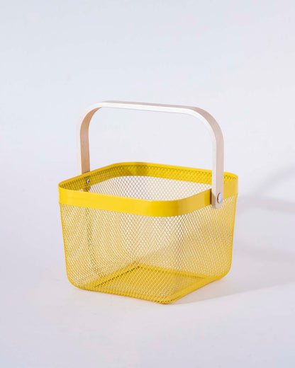 BowLift | Square Metal Storage Basket with Wooden Handle - Yellow - Set of 2