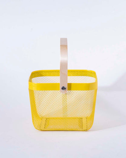 BowLift | Square Metal Storage Basket with Wooden Handle - Yellow - Set of 2