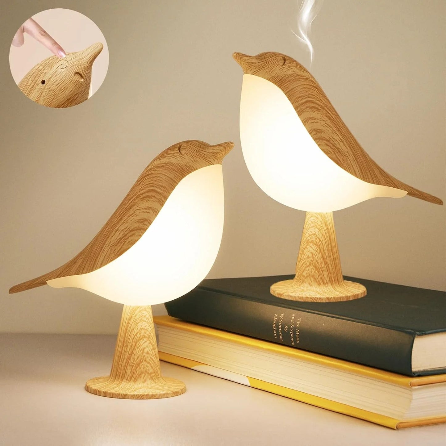 Skanto | Touch-Controlled Wooden Bird Night Light - Rechargeable LED Bedside Lamp