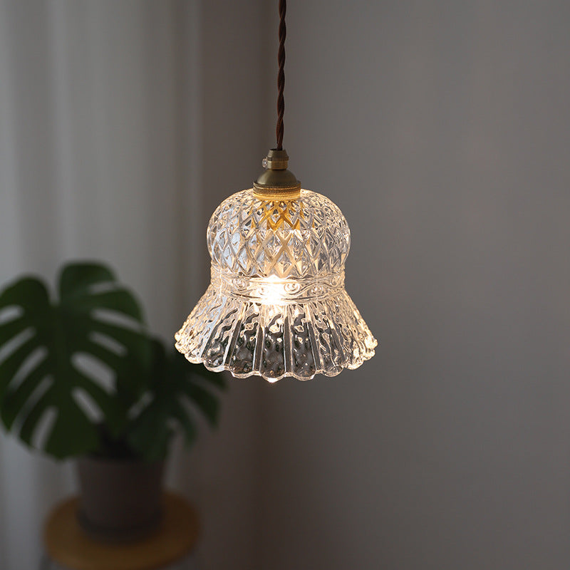 Skanto | Traditional French Brass Diamond Glass Flower Shape 1-Light Pendant Light for Living Room
