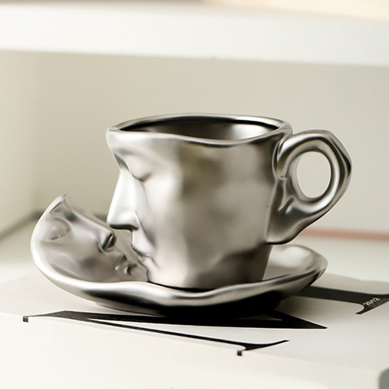 Metal Touching Face Creative Ceramic Kiss Coffee Cup, Artistic Vibe Mug & Saucer Set | Bowlift