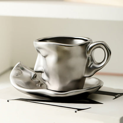 Metal Touching Face Creative Ceramic Kiss Coffee Cup, Artistic Vibe Mug & Saucer Set | Bowlift