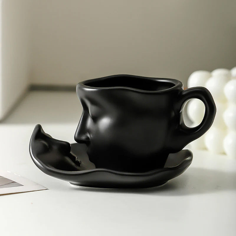 Metal Touching Face Creative Ceramic Kiss Coffee Cup, Artistic Vibe Mug & Saucer Set | Bowlift