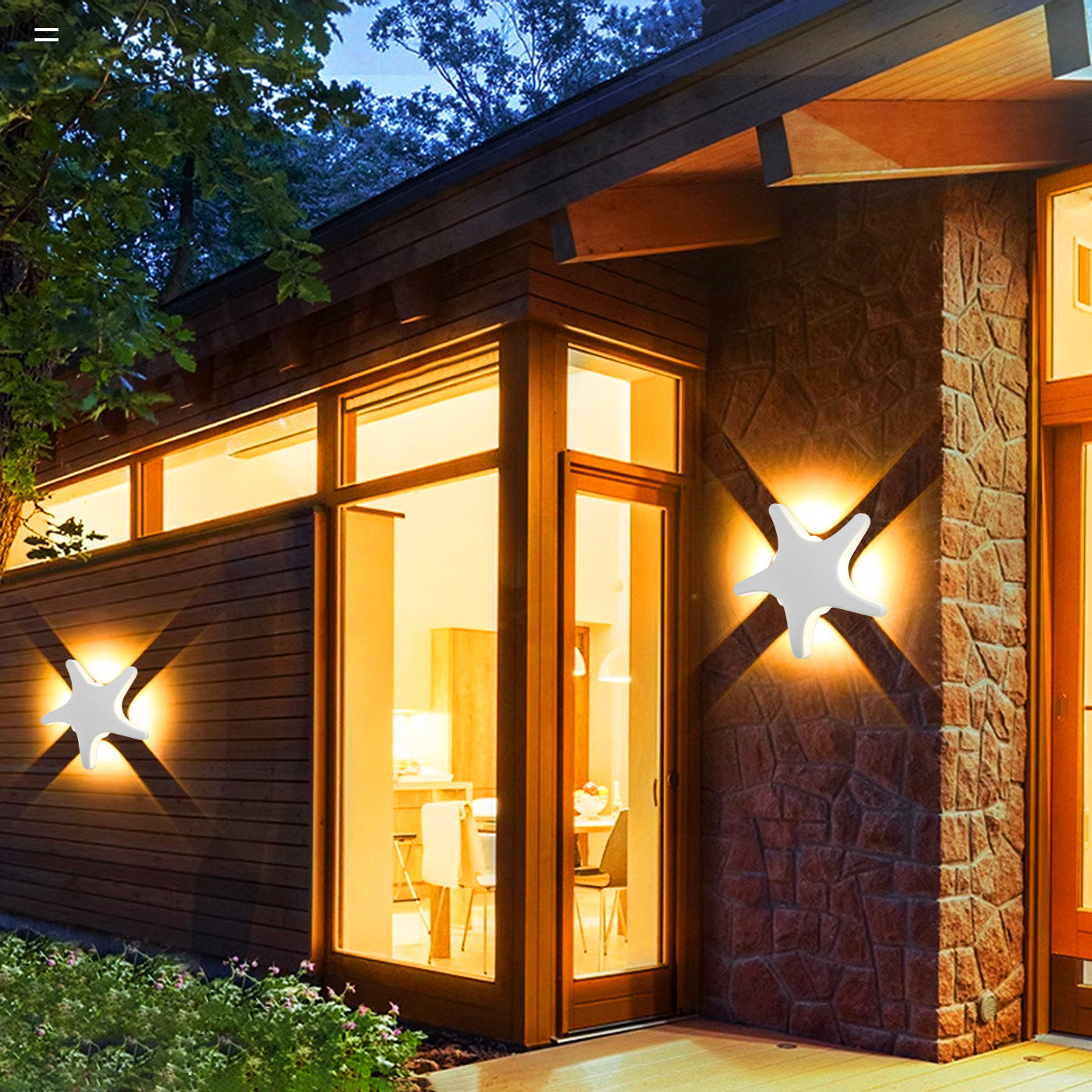 Modern, simple LED wall light made of aluminum in starfish design, waterproof, for the patio