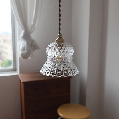 Skanto | Traditional French Brass Diamond Glass Flower Shape 1-Light Pendant Light for Living Room