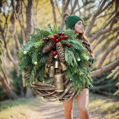 Skanto | Christmas Wreath | Boho Style | Rustic Winter Base with Pinecones and Golden Bells