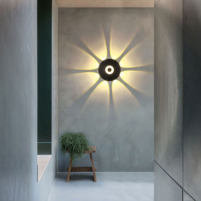 Modern Scandinavian LED wall light with round aluminum shade for the terrace