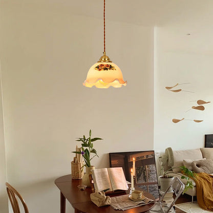Skanto | Traditional Vintage Brass Cord Walnut Wood Glass Flower Curved 1-Light Pendant Lamp for Dining Room