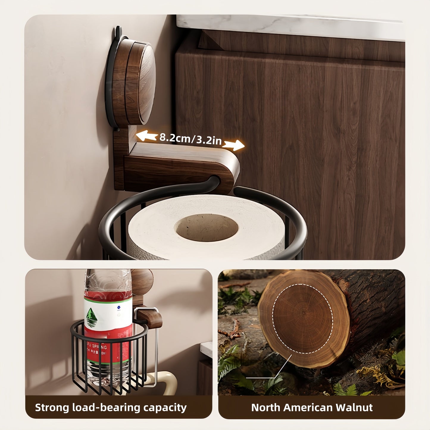 Skanto | Walnut Wood Toilet Paper Holder – Drill-Free with Suction Cup