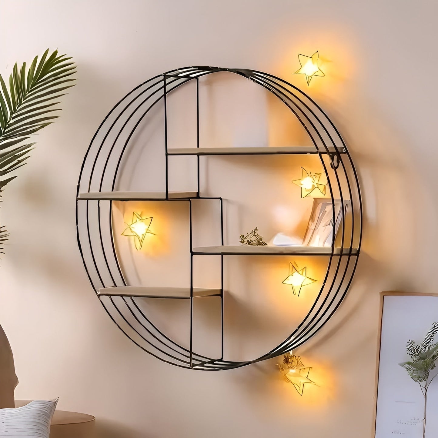 Round Wall Shelf with 4 Tiers – Retro Design made of Wood & Metal | Decorative Hanging Shelf for Living Room, Bathroom & Bedroom | Karnz
