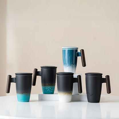 BowLift | TeaCraft Ceramic Mug | Handmade | With Tea Infuser & Wooden Handle | Retro Design
