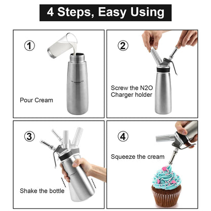 Cream dispenser stainless steel with 3 nozzles 500ml | Karnz