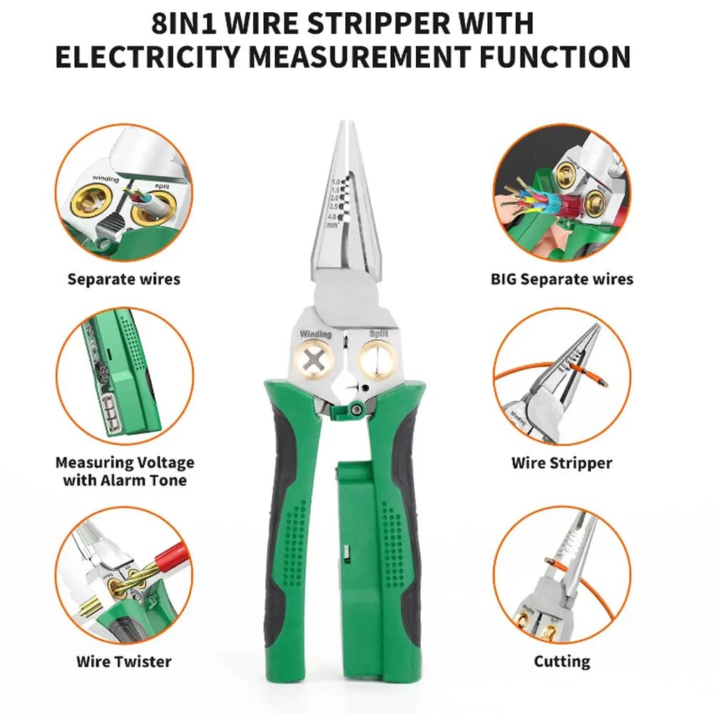 Skanto | 8-in-1 Wire Stripper Twister for Cutting and Stripping Wires, Cable Shears, Voltage Tester Pliers, 12V to 250V Live
