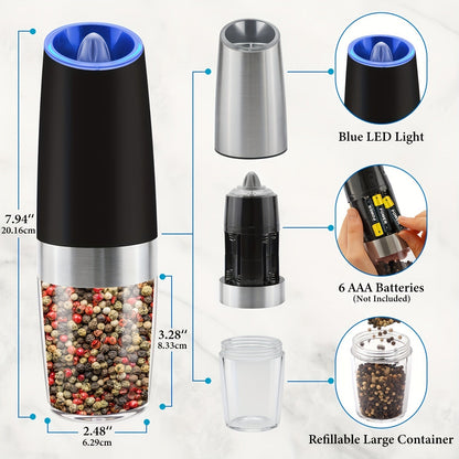 Skanto | Gravity Electric Salt and Pepper Grinder Set: Battery Operated with LED Light, One-Handed Automatic Operation, Adjustable Coarseness, Black - Kitchen Gadget Gift Idea