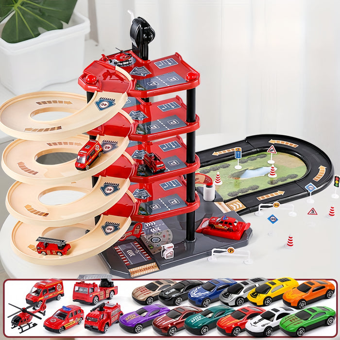 Skanto | FirePark Garage Playset – Multi-Level Fire Station with Fire Trucks and Traffic Signs for Adventurous Kids