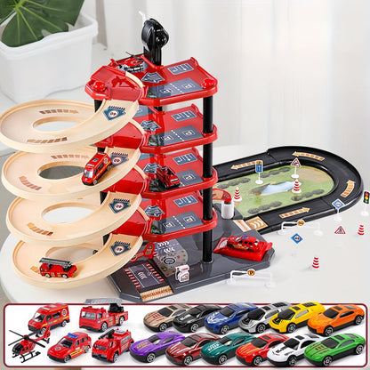 Skanto | FirePark Garage Playset – Multi-Level Fire Station with Fire Trucks and Traffic Signs for Adventurous Kids
