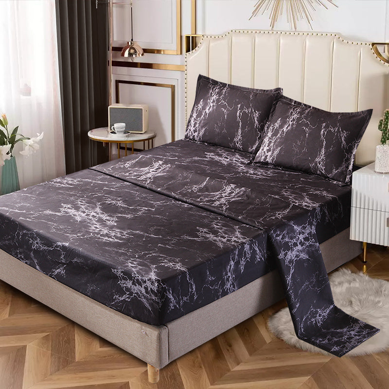 Skanto | 4-Piece Marble Brushed Sheet Set – Soft & Breathable Stone Pattern Bedding (1 Flat Sheet, 1 Fitted Sheet, 2 Pillowcases) for Bedroom & Guest Room
