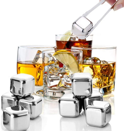 Stainless Steel Ice Cubes, Reusable Ice Cubes Set with Silicone Head Tongs and Ice Cube Trays - Pack of (8) Bowlift