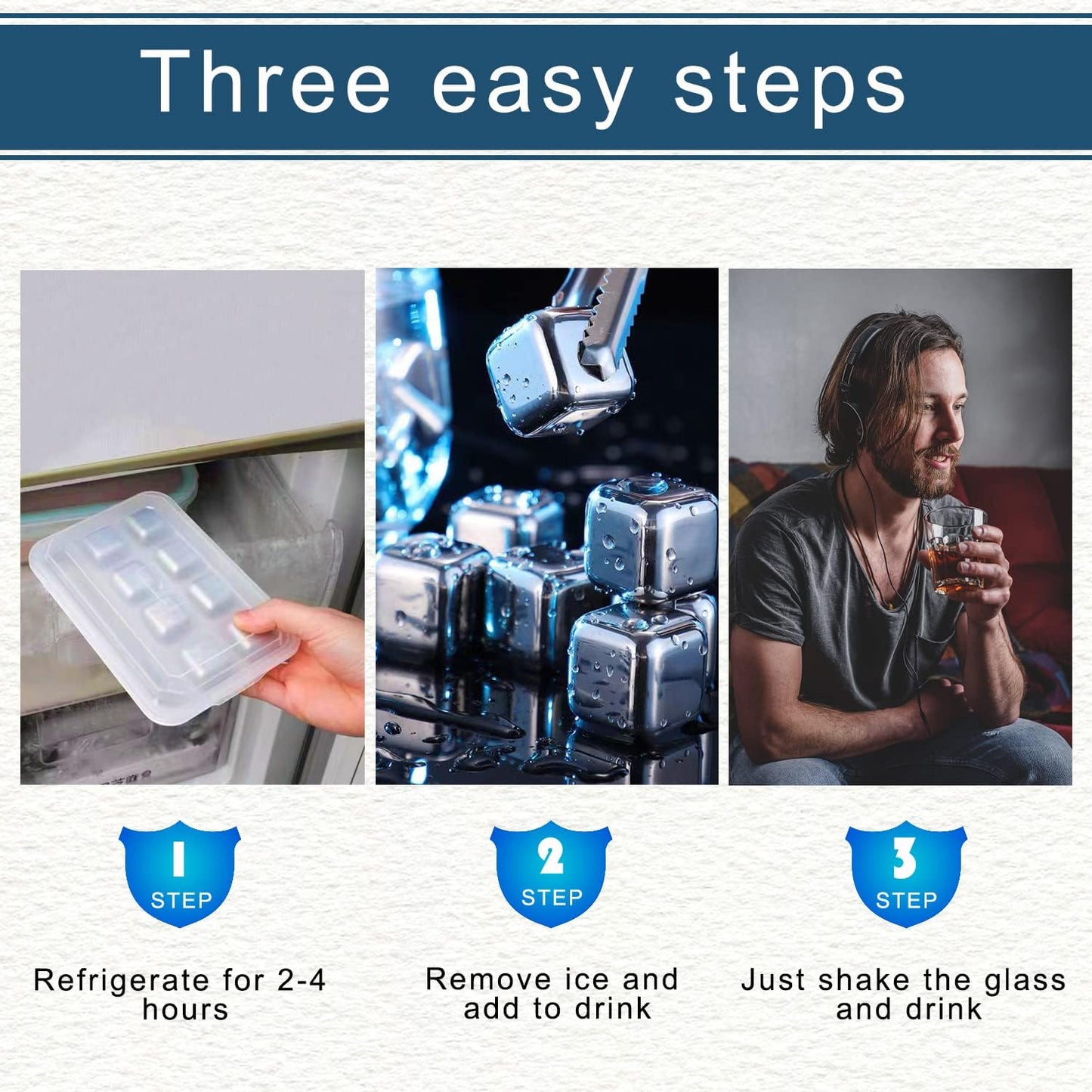 Stainless Steel Ice Cubes, Reusable Ice Cubes Set with Silicone Head Tongs and Ice Cube Trays - Pack of (8) Bowlift